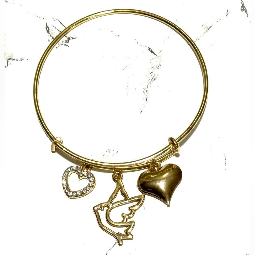 Gold Tone Metal Charm Bangle Bracelet Dove Rhinestone Puffy Heart Expandable